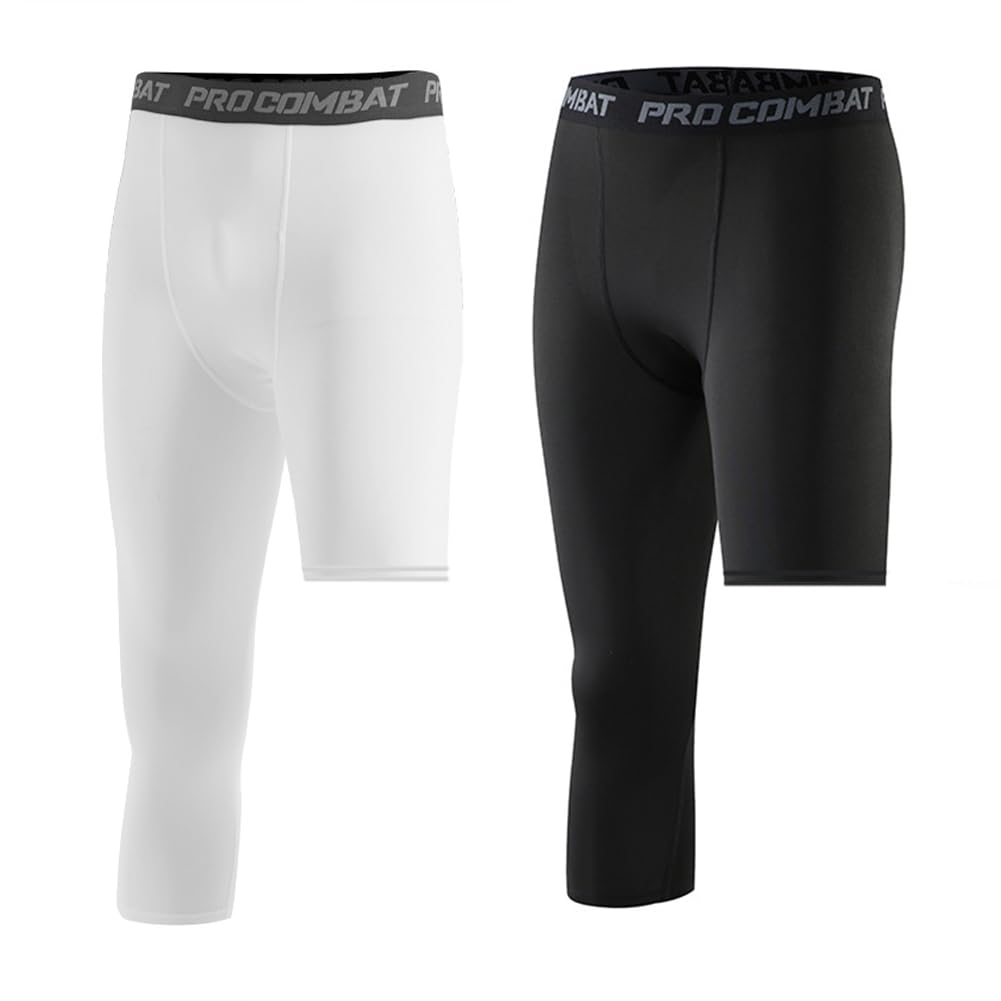 HYCOPROT 2 Pack Mens One Leg 3/4 Compression Pants Athletic Tight Leggings