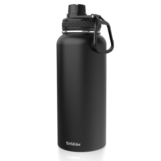 SASEUM Insulated Stainless Steel Water Bottles 32oz with Spout Lids Metal Vacuum Thermal Large Water Jug Leak-proof Reusable Flask for Sports Gym and TravelBlack