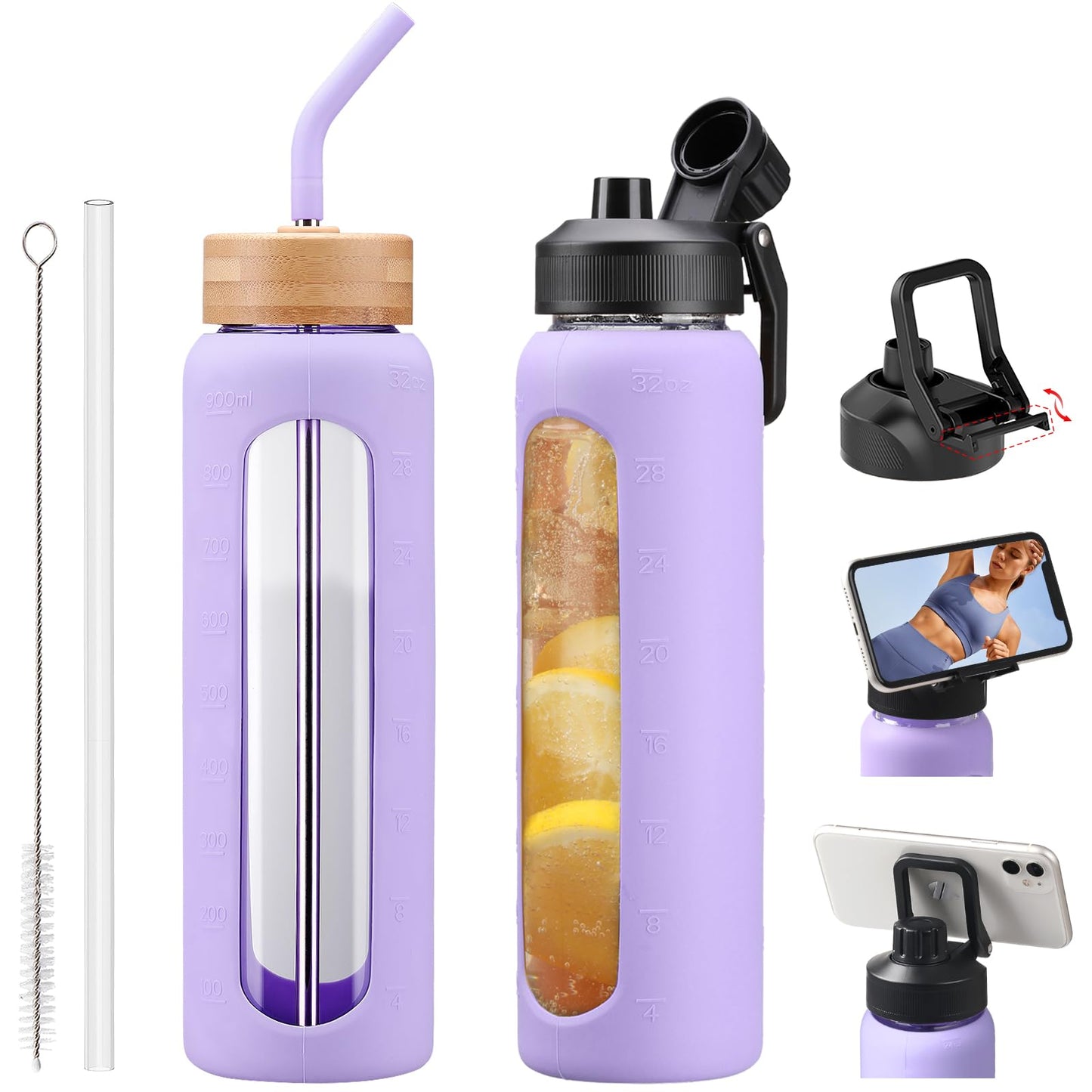 NOLOGLAZIC Glass Water Bottles with Straw -32oz-